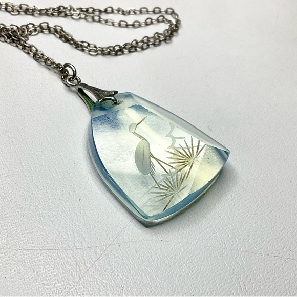 Art Deco Sterling Opaline Glass Necklace Japanese Carved Crane - Picture 4 of 11